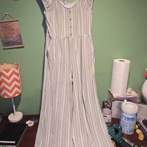 No Boundaries Juniors Wide Leg Jumpsuit Button Front Green Striped Size Medium